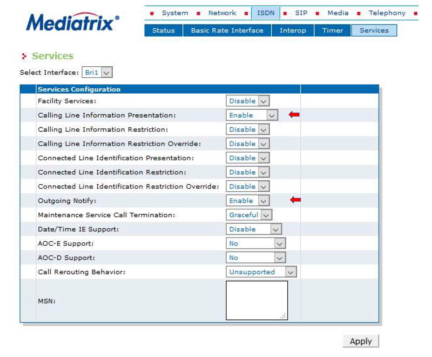 ISDN services mediatrix